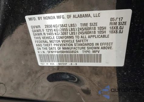 2017 Honda Pilot Ex-L z USA, uszkodzony, nr VIN 5FNYF6H50HB038524